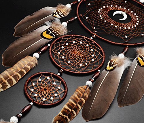 Large Three-Ring Brown Dream Catcher with Feathers and Moon Pendant