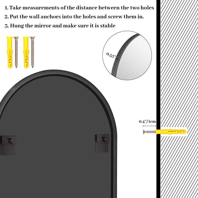 VETROVUE 24"x 36" Arched Bathroom Wall Mirror with Black Metal Frame, Modern Arch-Top Wall Mirror for Vanity, Entryway or Bedroom, HD Reflection, Shatterproof Glass