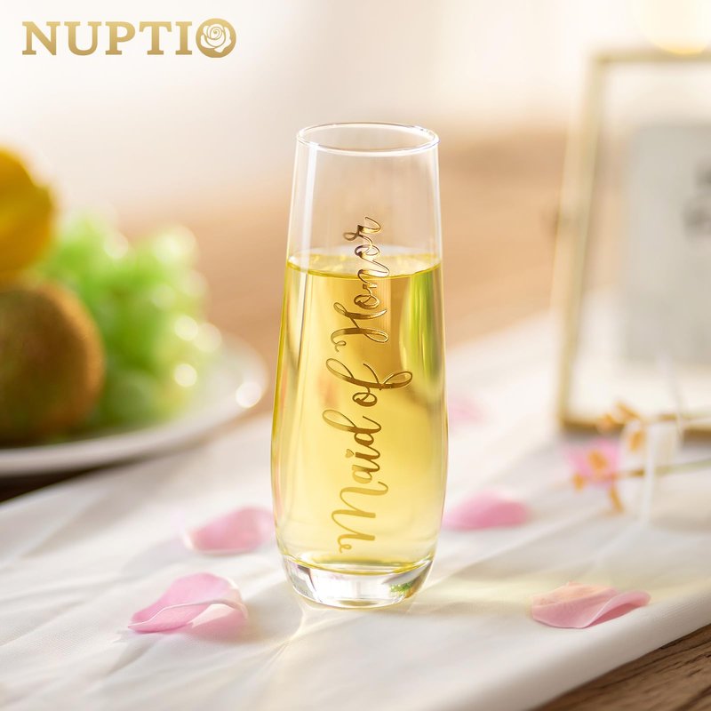 NUPTIO Champagne Glasses Maid of Honor: Stemless Bridal Shower Party Prosecco Flutes Tumbler Wedding Gift Clear Gold Embossed