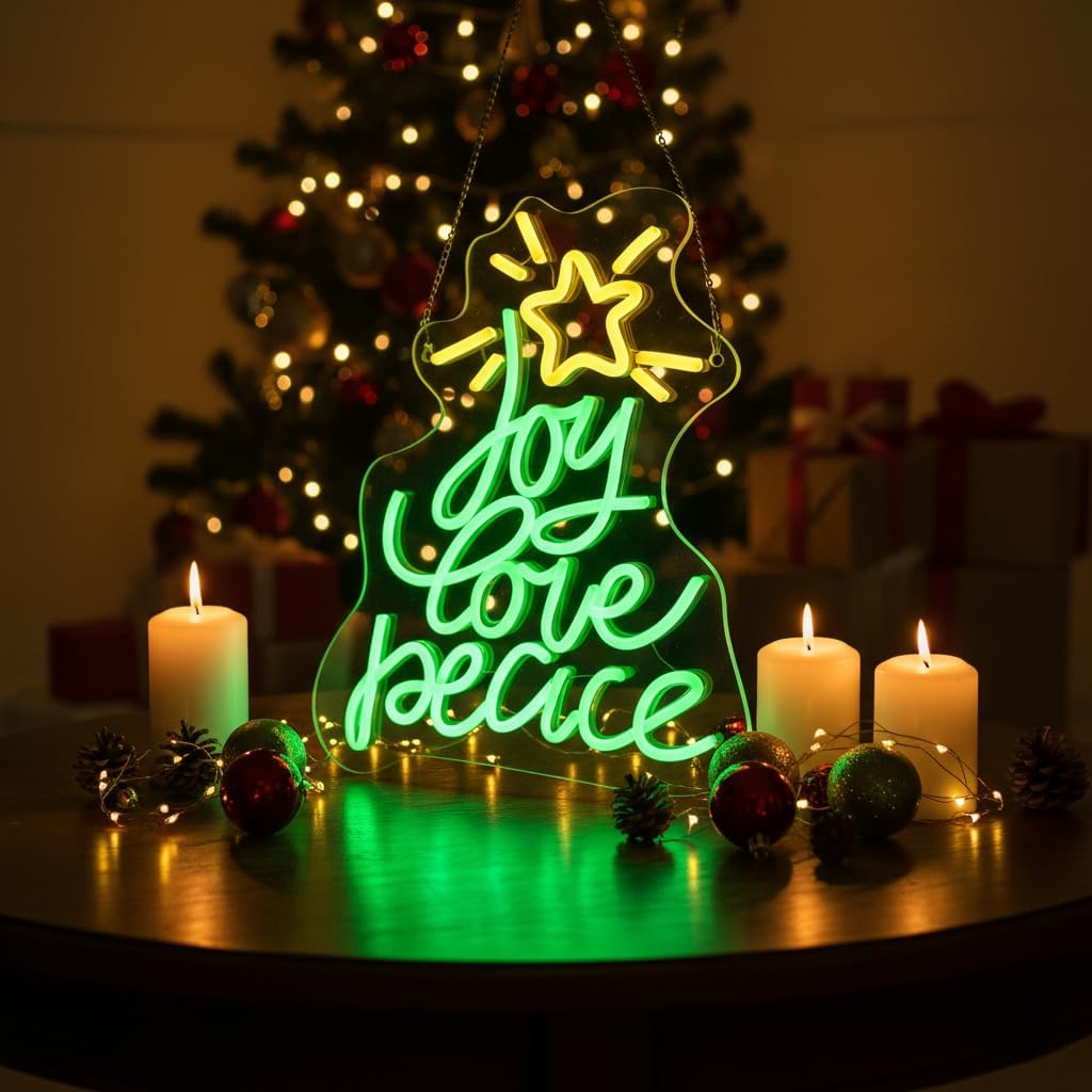 Neon Christmas Tree Sign by [Brand Name] - USB Powered LED Holiday Decor for Wall | Peace, Love, Joy Design