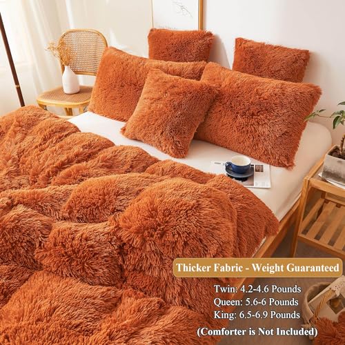 Fluffy Faux Fur Duvet Cover King Size - Burnt Orange Plush Bedding