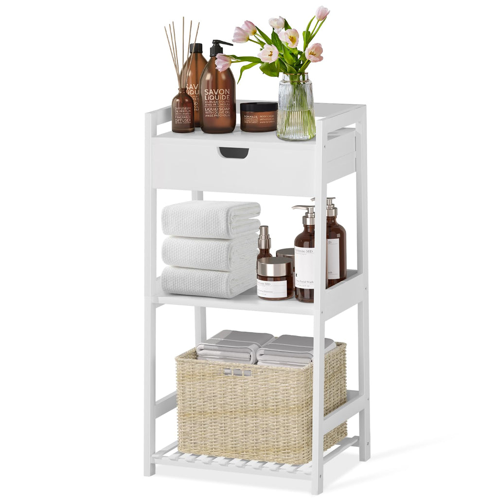 POXAKA 3 Tier Bamboo Bathroom Shelves with Drawer, Ladder Shelf for Bathroom Storage, Space-Saving Design, Stylish Display Nightstand, Stylish Storage Solution for Home, Living Room, Kitchen, Office