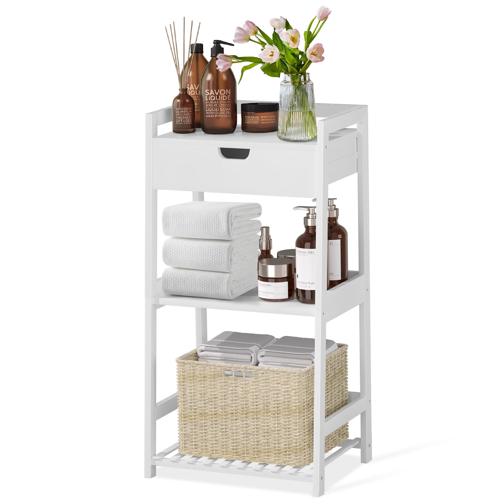 POXAKA 3 Tier Bamboo Bathroom Shelves with Drawer, Ladder Shelf for Bathroom Storage, Space-Saving Design, Stylish Display Nightstand, Stylish Storage Solution for Home, Living Room, Kitchen, Office