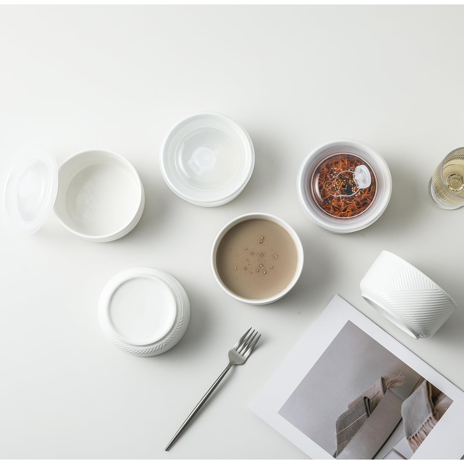 Adewnest Ceramic Bowls with Lids: 20 oz Microwave Safe Food Storage Containers for Soup, Salad, Cereal, Leftovers, Meal Prep, Lunch, Picnic, Camping, Serving - Airtight, White, Set of 6