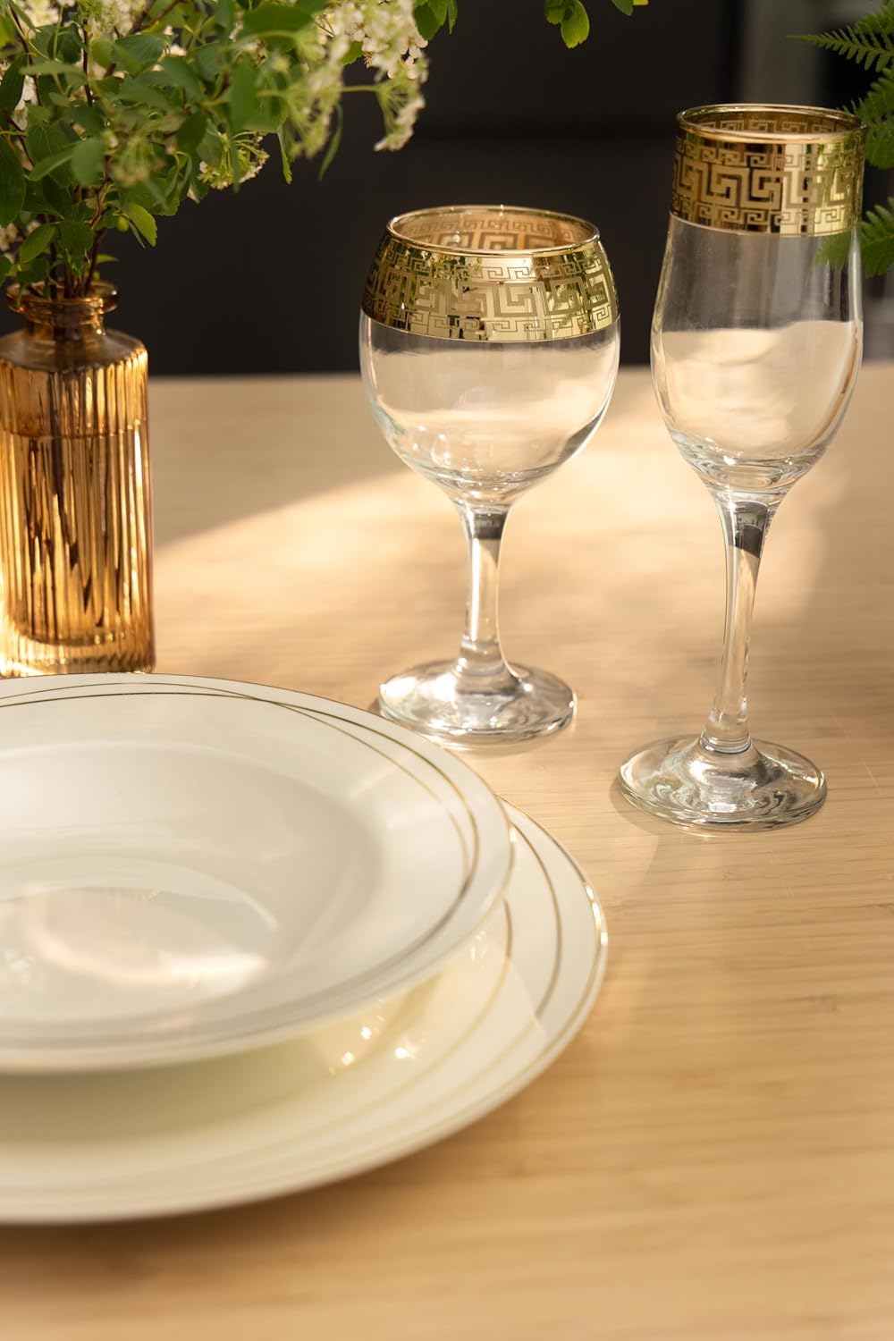 World Gifts Gold Rimmed Wine Goblet 6-piece Glass Set Greek Key Pattern Contemporary Drinkware