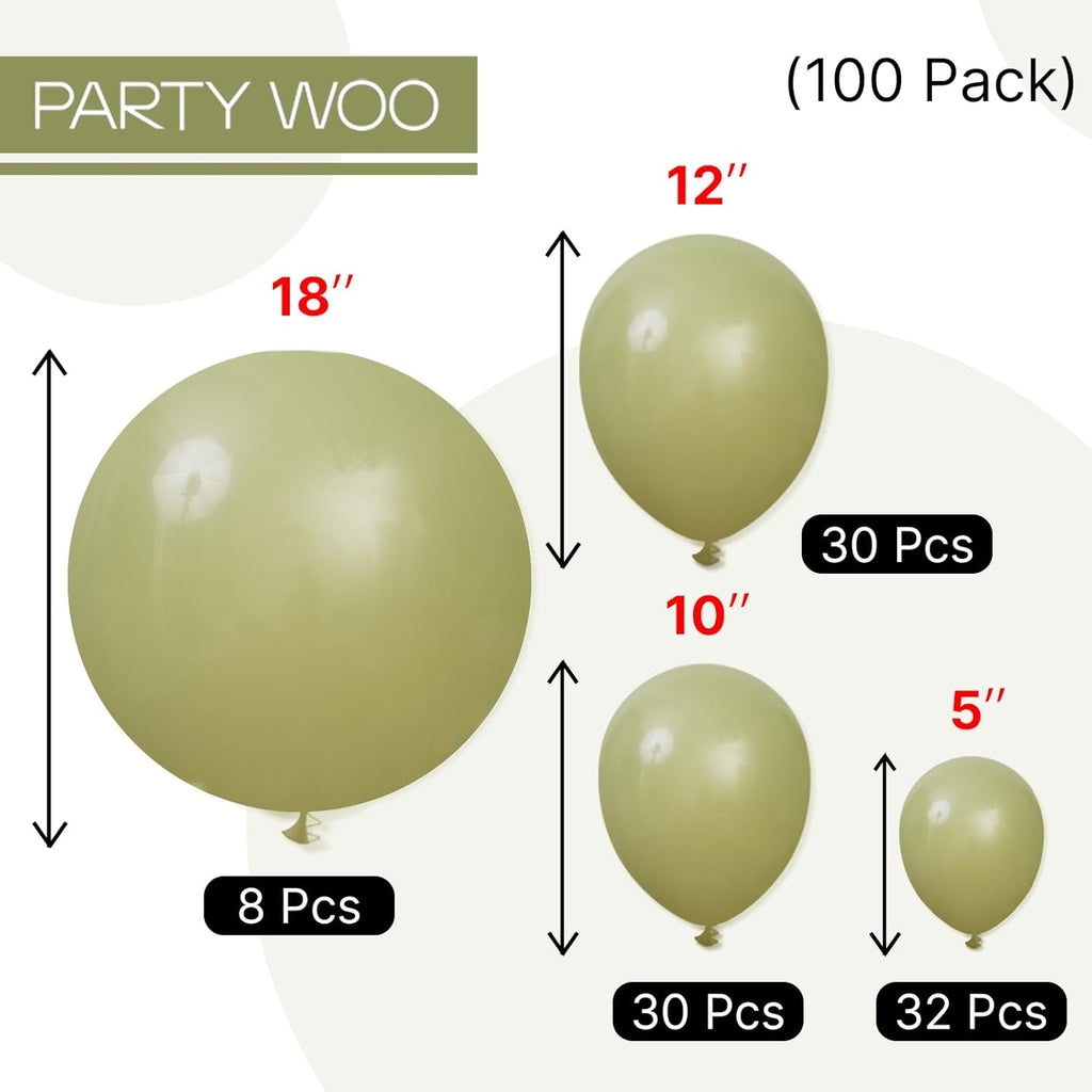 PartyWoo Sage Green Balloons - 100pcs Latex Balloon Arch Kit for Weddings & Birthdays | 18", 12", 10", 5" Sizes