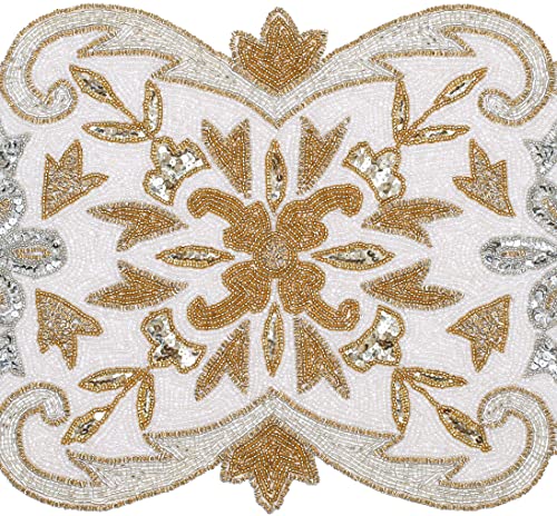 Hand Beaded Silver Gold Ivory Table Runner 13x36 — Homebia Designs, Elegant Holiday Décor