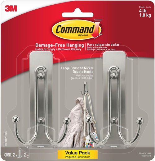 Command Large Brushed Nickel Double Hooks - Damage-Free Wall Hooks with Adhesive Strips | Holds Up to 4 lb