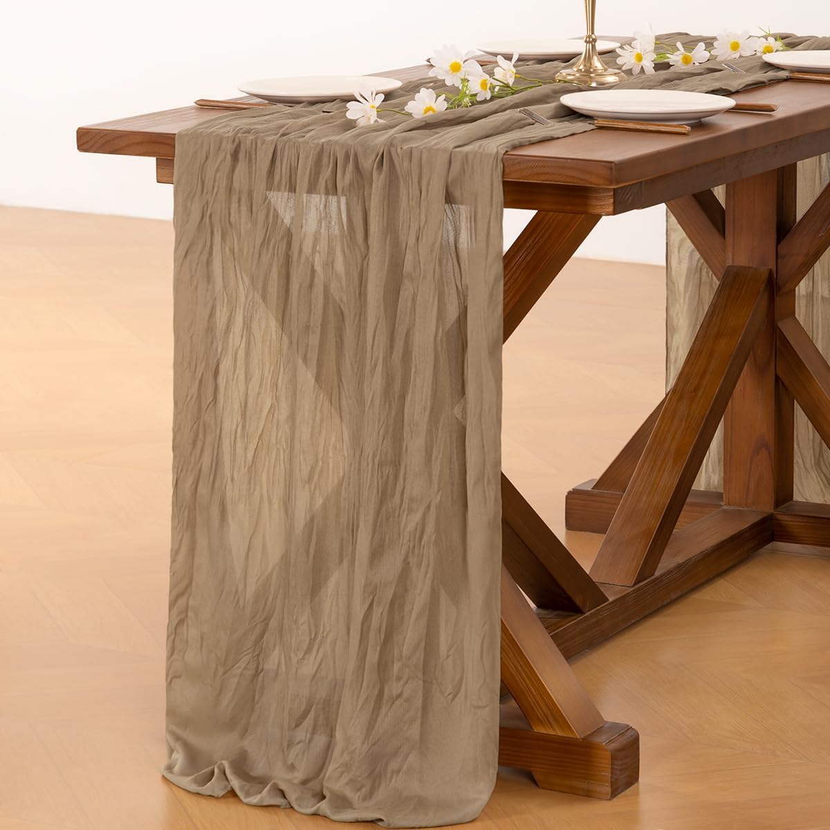 Socomi Cheesecloth Table Runner - 15pcs Nude Brown Boho Rustic 120 Inch for Weddings & Events