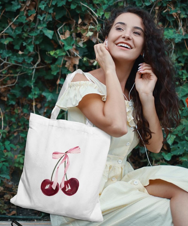 SZERE Coquette Pink Bow Cherry Canvas Tote Bag for Women Teen Girls, Coquette Pink Cherry Themed Stuff Gifts for Women, Cute Small Work Travel Shopping Tote Bags Grocery Reusable Bags