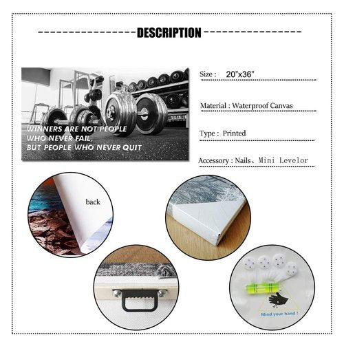 SkenoArt Gym Motivational Wall Art Winners are Those Who Never Quit Wall Decor Black and White Dumbbell Canvas Wall Art Fitness Posters for Home Gym Living Room Framed Stretched Ready To Hang 20"x36"