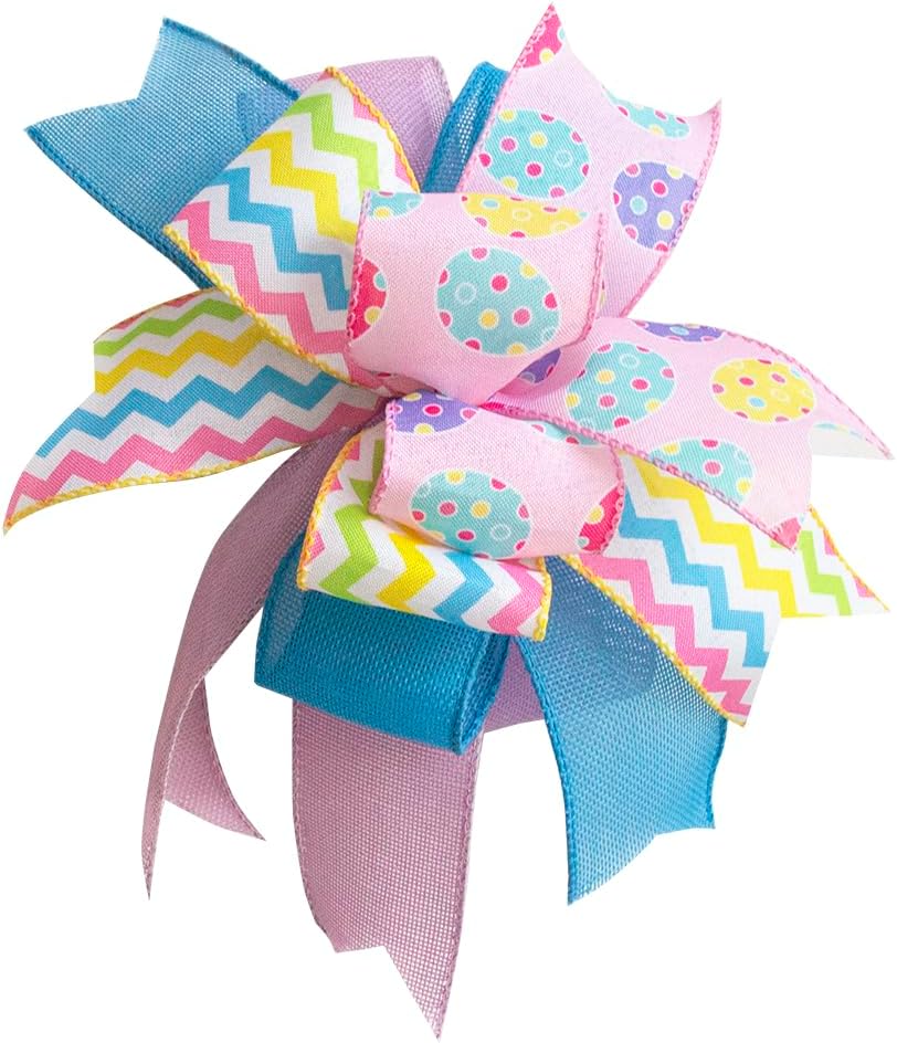 Skiennix Easter Wreath Bow - Pre-Tied Striped Wired Ribbon for Spring Decor | 10x12 Inch