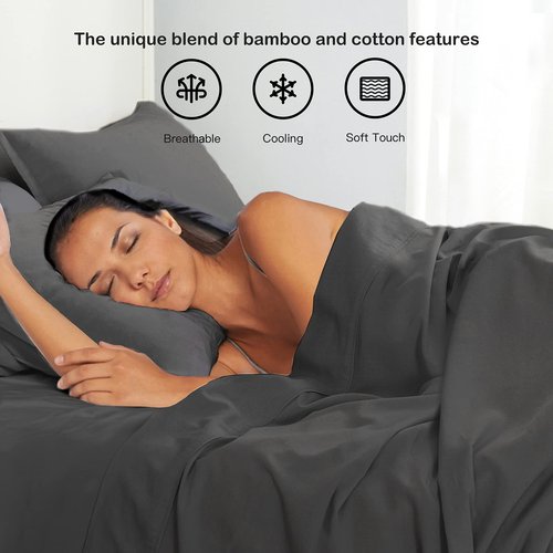 Charcoal Grey Linen-Textured Bed Sheets Set, Bamboo Rayon , Cotton , Linen Blend Bed Sheets Twin Size, Soft Cool & Breathable for Hot Sleepers,Durable Natural Organic Bed 15'' Deep Pocket - 3 Piece