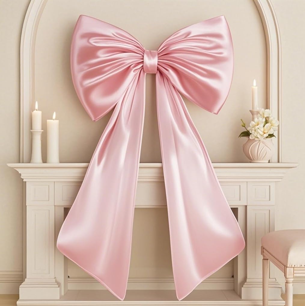 Skiennix Large Pink Bow | Satin Ribbon Tie Coquette Room Decor - 40x24 In Giant Pastel Hanging Wall Decoration for Ballerina Birthday