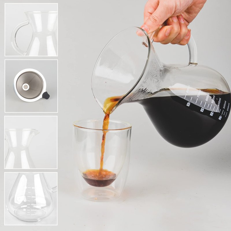 T-mark Pour Over Coffee Maker with Reusable Double-layer Stainless Steel Filter, 800ml/27oz BPA-Free Glass Coffee Carafe, Glass Coffee Maker, Coffee Dripper Brewer.