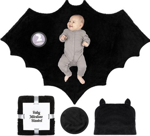 Bumba Kids Sherpa Fleece Goth Bat Baby Swaddle Blanket Gift Set with Milestone Stickers, Bat Hat & Wings, Crib Size