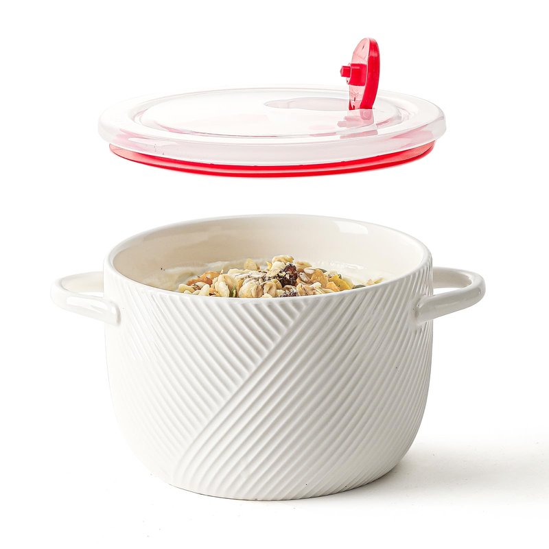 Adewnest Ceramic Soup Bowl with Lid & Handle: 32 oz Large Kitchen Container for French Onion Meal Prep Cereal Ramen Oatmeal Dorm Living Single Serve Dinner Work Lunch Food Storage - White 1 PCS