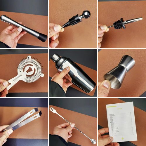 9Pcs/Set Cocktail Shaker Set with Stand, 750ml (25oz) Cocktail Shaker Bartender Kit: Bar Tool Set, Drink Mixing Includes Shakers Strainer Jigger Bar Mixer Spoon Muddler Pourer Bottle Stopper (Silver)