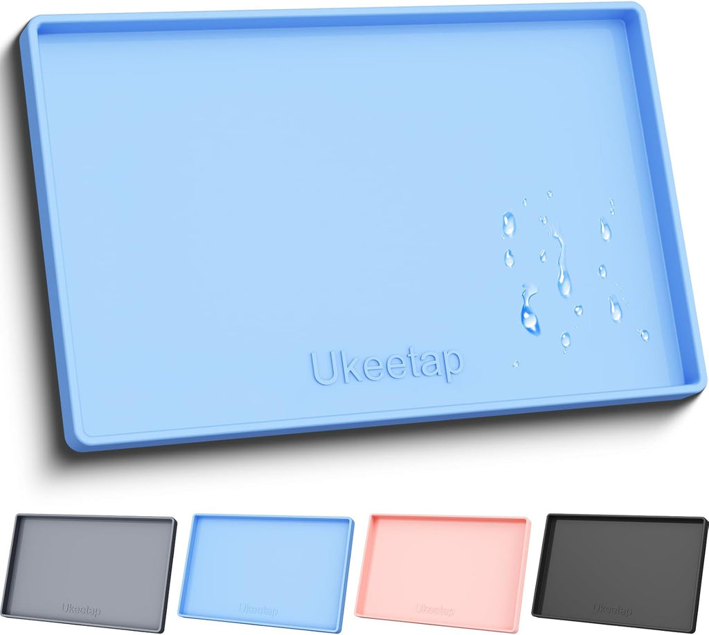 Ukeetap Extra Thick Waterproof Silicone Mat - Raised Edge, 34" x 22" for Kitchen & Bathroom Protection | Blue