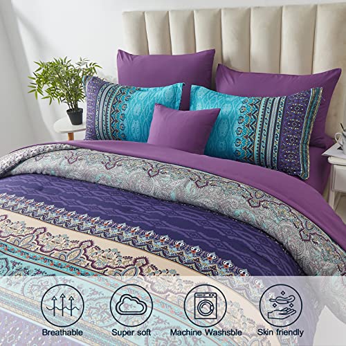 Boho Queen Comforter Set, 8 Piece Bed in a Bag Aqua Paisley Floral Microfiber