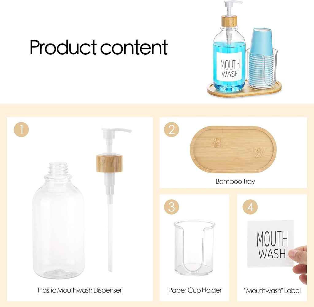 Regine Switzerland Mouthwash Dispenser - 17oz Refillable Clear Pump Bottle with Cup Holder & Tray