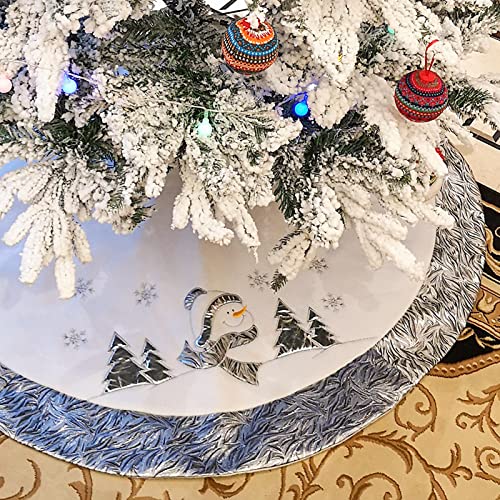 WEWILL 48'' Large Luxury Snowman Christmas Tree Skirt with Satin Border Embroidered Snowflakes