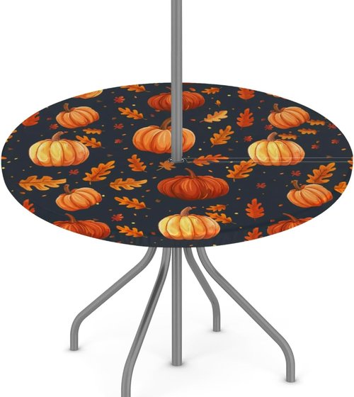 YGPARK Outdoor Fitted Round Table Cloth with Umbrella Hole, Fall Pumpkin Circle Elastic Tablecloth 45"-56" Waterproof Zipper Patio Table Cover for Picnic Camping Party Halloween Christmas Decoration