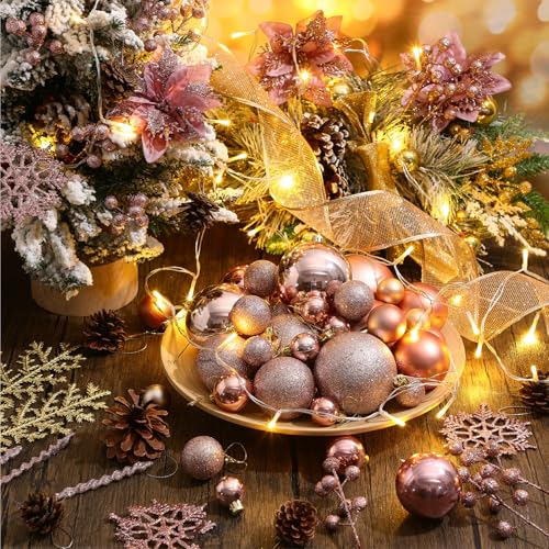 Canlierr Rose Gold Christmas Ornaments Set - 145 Pieces Shatterproof Holiday Decor