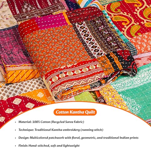 Handmade Vintage Indian Kantha Quilt - 90x60 Inch Cotton Blanket