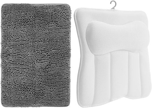 GORILLA GRIP Bath Rug Mat & Mesh Bath Pillow Bundle - Soft Absorbent Chenille, Gray & White, 2 Items