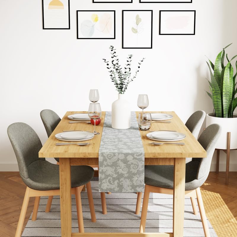 Encasa XO Floral Cotton Table Runner 13x59 in Grey - 4 Seater