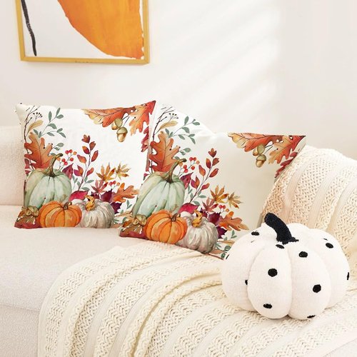 RABUSOFA Fall Pillow Covers 18x18 Set of 2,Velvet Autumn Pumpkin Pillows Decorative Throw Pillows Thanksgiving Decor Pillow Cases for Couch Fall Decorations for Home Maple Leaves