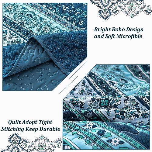 Boho King Quilt Bedding Set - 3 Piece Soft Bedspread, Blue