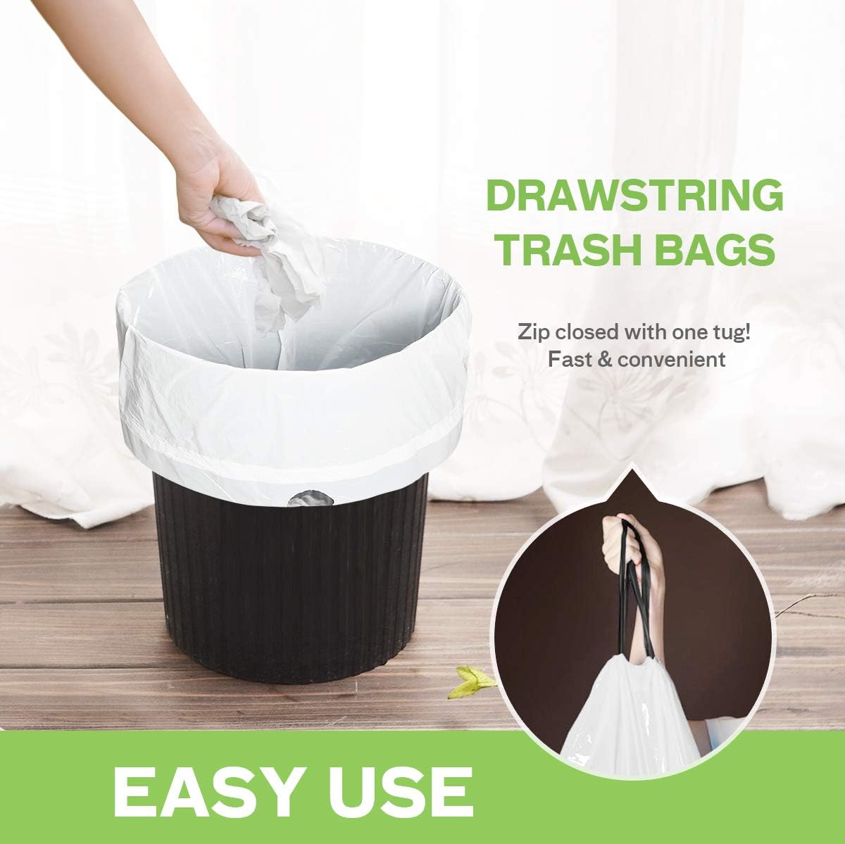 Teivio Strong Drawstring Trash Bags - 1.6 Gallon, 120 Count | Durable Plastic Liners for Home & Office