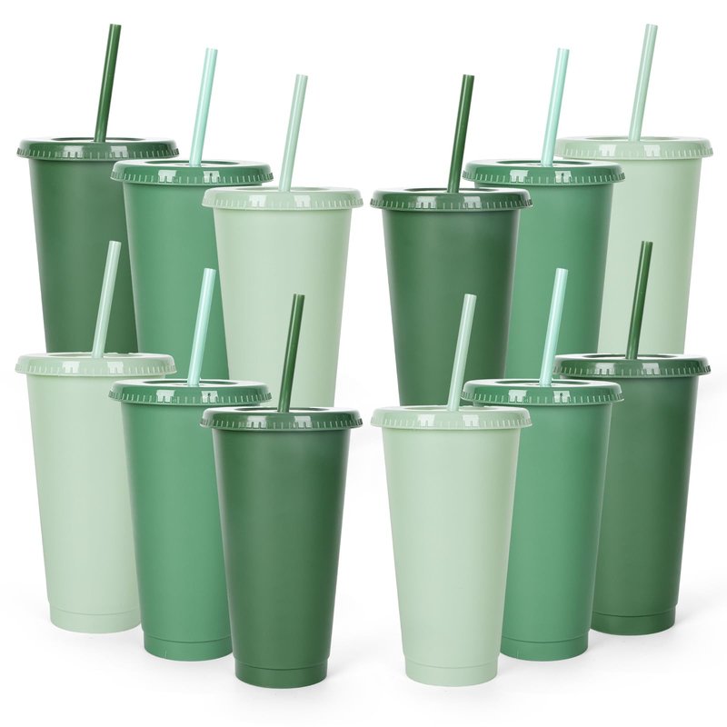 Whaline 12Pcs Sage Green Plastic Cups with Flat Lids and Straws, 24 Oz Gradient Green Reusable Tumbler Travel Mug Cup Party Drinkware Decor for Iced Coffee Beverage Drinks Party Supply