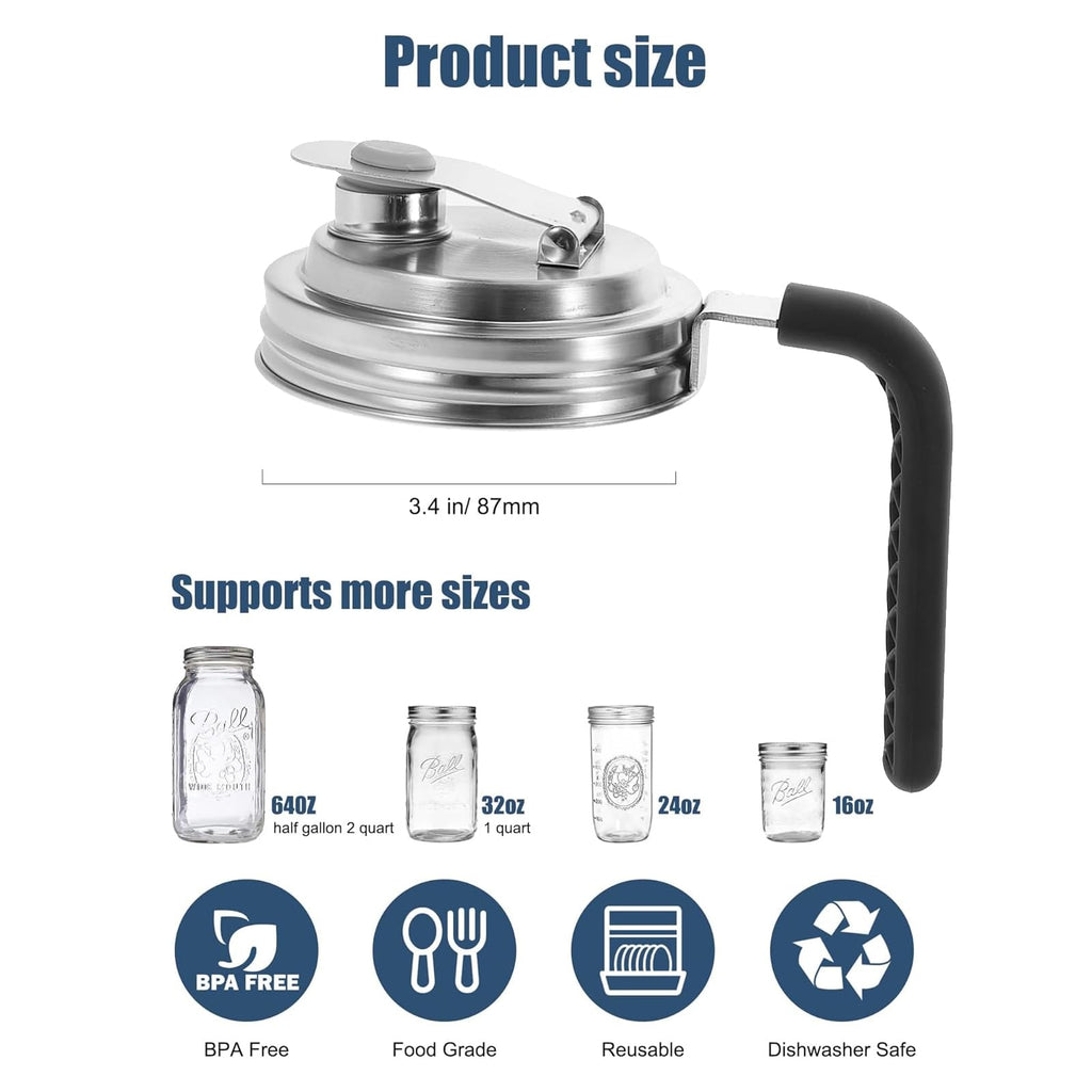 2 Pcs Wide Mouth Mason Jar Stainless Steel Pour Spout Lid, Reusable Mason Jar Lids for Ball Wide Mouth Mason Jars no Rust Leaking Proof for Home Brewing Fruit Fermenting Drinks (with handle, 2)