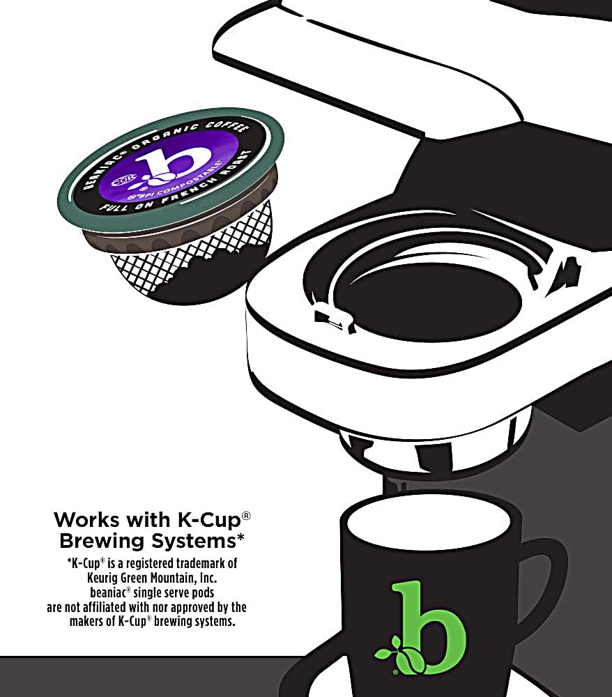 beaniac Organic Full On French Roast, Dark Roast, Single Serve Compostable K Cup Coffee Pods, Organic Arabica Coffee, Keurig Brewer Compatible, 72 Count