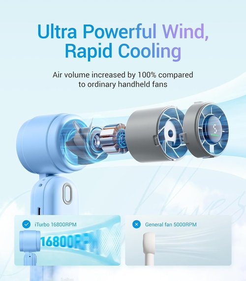 Diveblues Portable Handheld Turbo Fan - High-Speed USB Rechargeable Pocket Fan for Travel & Home (Blue)