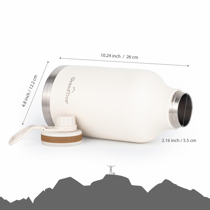 GRANDTIES 2 Lids Sports Stainless Steel Water Bottles – Wide Mouth Vacuum Insulated Reusable Leak Proof BPA-Free Travel Metal Canteen, Thermal Bottles for Men Women Gym (Ivory White 64 oz)