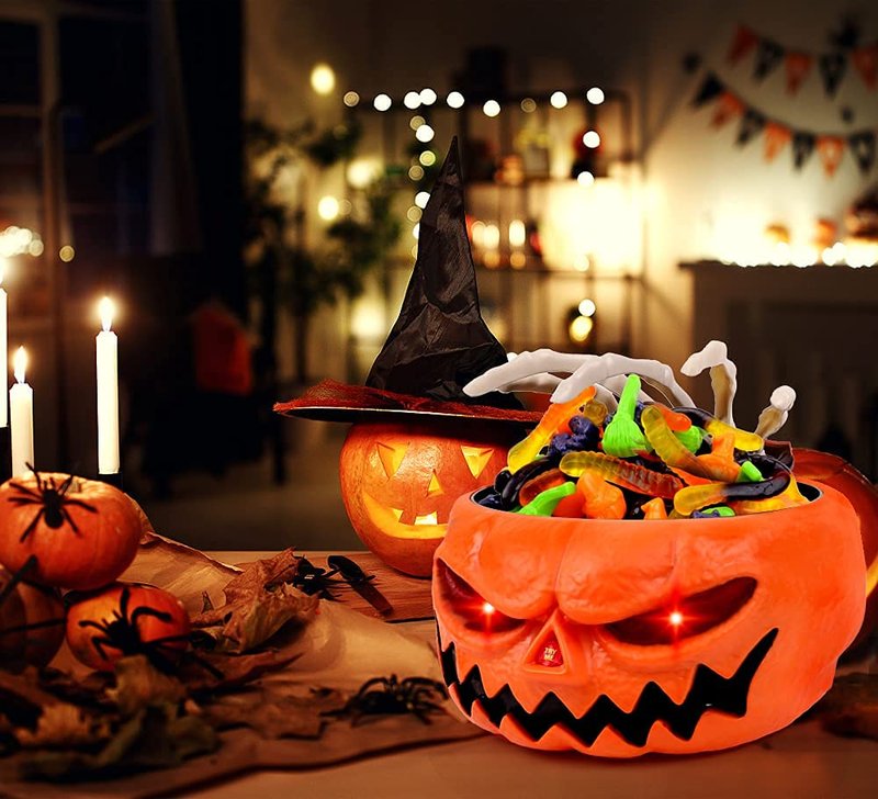 XOYTN XIMISHOP Animated Halloween Skull Bowl, Pumpkin Candy Dish With Creepy Moving Skeleton Hand for Party Decoration