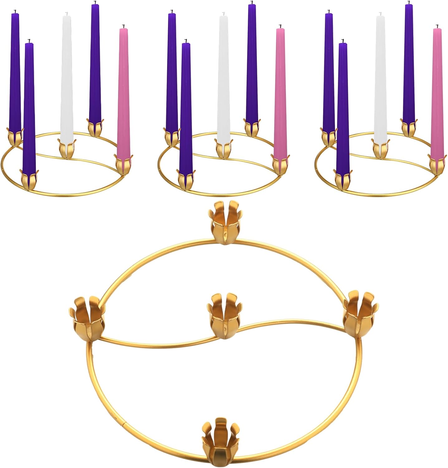 Sliner Christmas Flower Advent Wreath Ring - 5 Candle Holder Taper in Gold | Metal Table Decoration