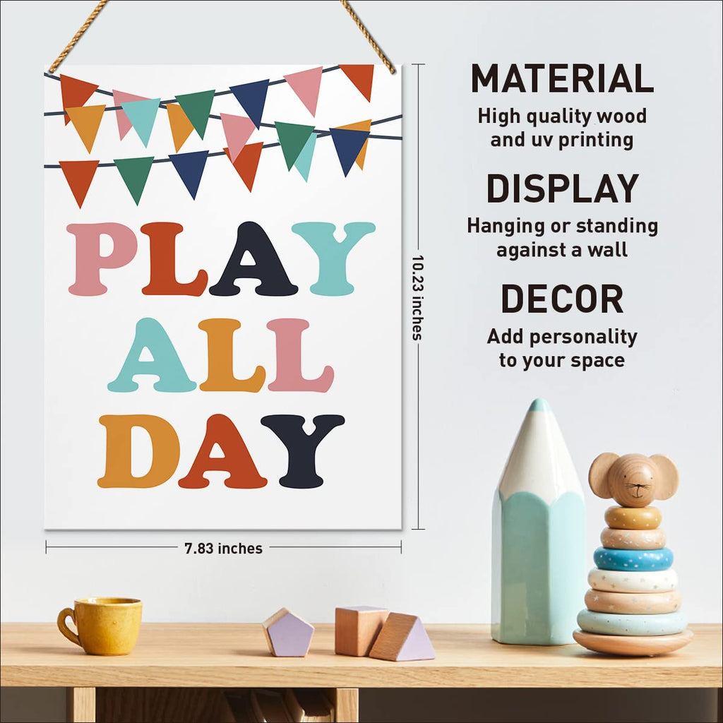 Nursery Wood Sign Decor, Play All Day, Nursery Kids Room Playroom Motivational Decor Inspirational Wall Art Decoration for Homeschool Classroom