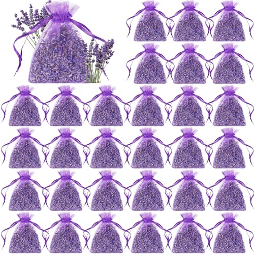 30 Pack Dried Lavender Sachets for Drawers and Closets, Natural Scent