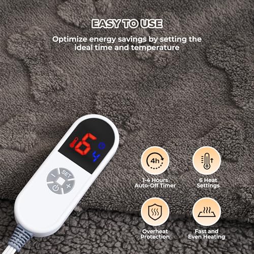 Heated Throw Blanket 50x72 Inch with Paw Print, Sherpa Fleece Electric Blanket