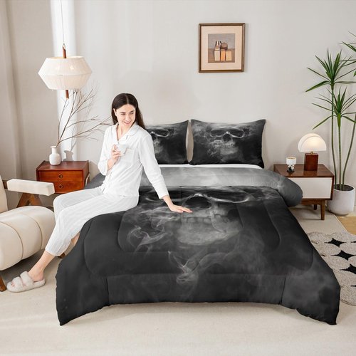 Erosebridal Skull Comforter Set Queen, Halloween Down Comforter, Gothic Fog Smoke Skull Skeleton Quilted Duvet, Grey Bedding Comforters for Young Man Boy Teens, Room Decorative, Soft Duvet Insert