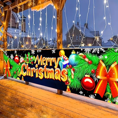 Merry Christmas Banner 78x17 in Pine Bough Bow Balls Candy - BlissYard #005