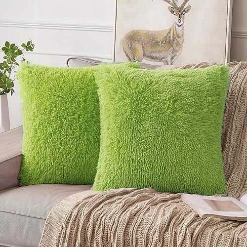 Christmas Plush Faux Fur Pillow Covers 20x20 Inch Grinch Green Set of 2 - Holiday Home Decor