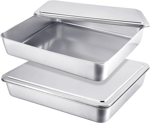 Funnymoom Stainless Steel Cake Pan Set - 11 x 13 Inch Rectangle Bakeware with Lids | Dishwasher Safe