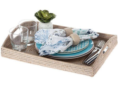 Kouboo, La Jolla Rattan Rectangular Serving Tray, 18 x 13.5 x 2 inch, White Wash