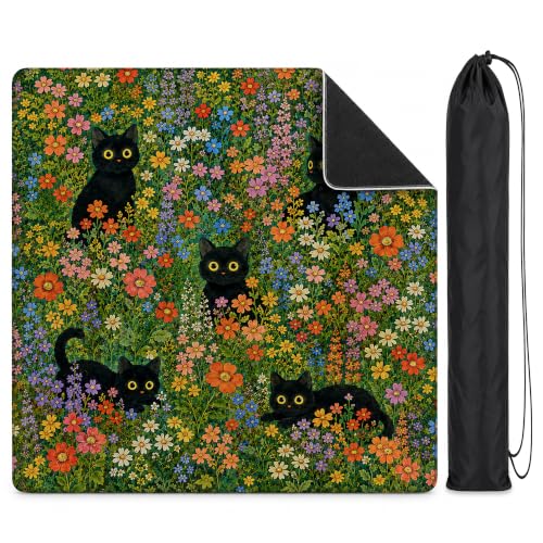 Floral Black Cat Mahjong Mat 31.5" x 31.5" - Non-Slip Noise-Reducing Cover
